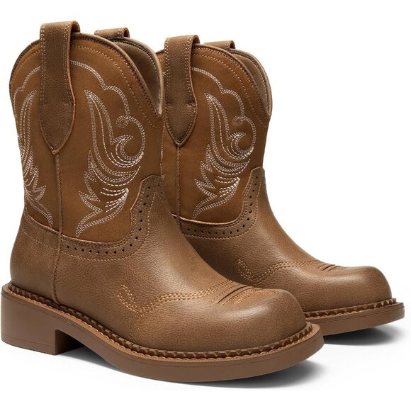🆕Women Tan Cowboy Cowgirl Boots for Women Round Toe Embroidered Mid Calf - Picture 3 of 7